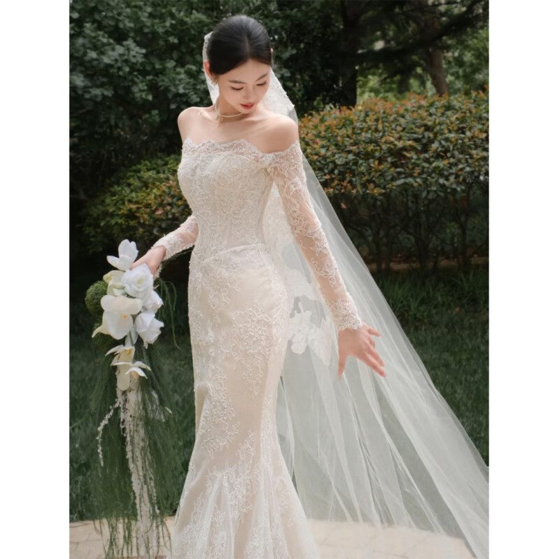 Rich collar, one shoulder, light wedding dress, French lace bridal feel, forest-style engagement dress, super fairy door veil, welcome dress, white XS