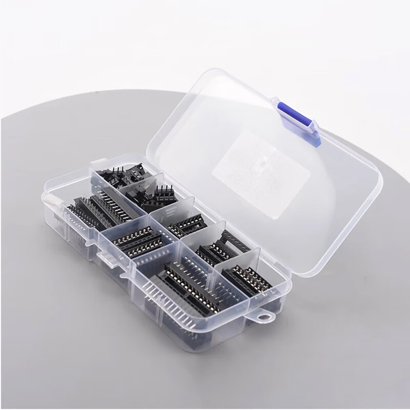 Zejie IC holder, flat-pin IC socket sample pack, chip socket sample pack, 8 types, 66 pcs in total, 8 flat-pin IC holders, 66 pcs in total, boxed