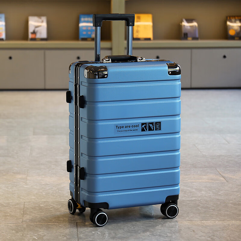JCZS German quality 2025 new universal wheel boarding suitcase small password trolley case student suitcase lake blue noble aluminum frame + dry and wet separation inside + cup holder + charging port 20 inches