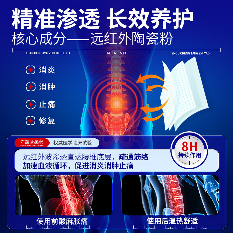 Shouchengtang lumbar disc herniation, strain pain, blood circulation, pain relieving and sprain special plaster hot compress far infrared treatment patch 10 pieces