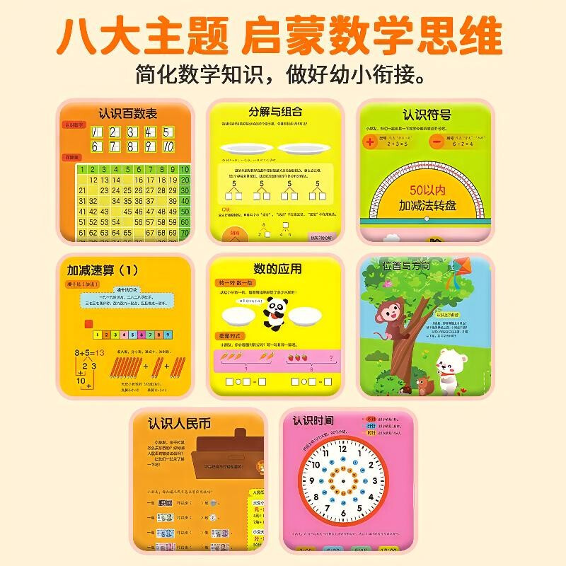 Mathematics enlightenment book for young children to connect. Eight major themes to enlighten mathematical thinking. Simplify mathematical knowledge to facilitate the connection between young children. Special training on making up ten methods, flattening ten methods and borrowing ten methods. Cognition of time, location and direction.