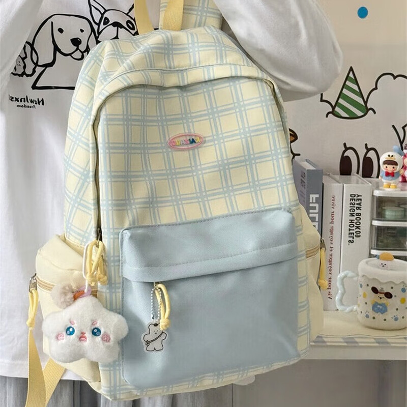 Yookdd (yookdd) schoolbag junior high school girl high-looking plaid school backpack Japanese style ins style high school student backpack blue and yellow plaid schoolbag with pendant