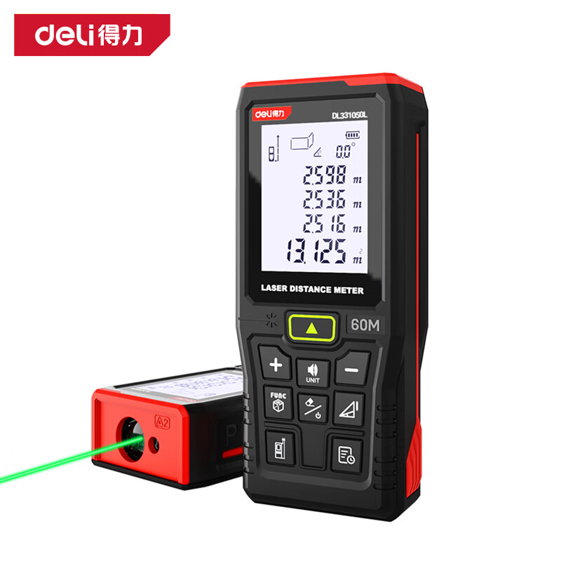 Deli green light outdoor laser distance meter high precision infrared outdoor electronic ruler strong light handheld measuring ruler DL331050L green light distance meter 60m