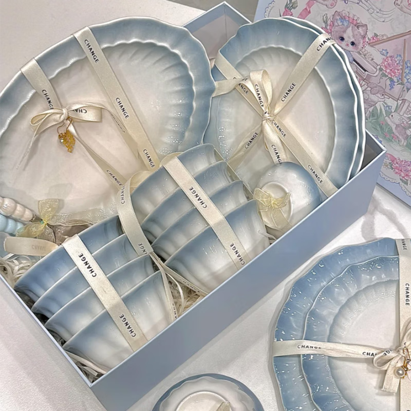 Qishu Bowl Set 2025 New Household Tableware High-Looking Housewarming Gift Ceramic Bowl Plate Tableware Set 4 People Food and Soup Bowl Gift Box 18-piece Set