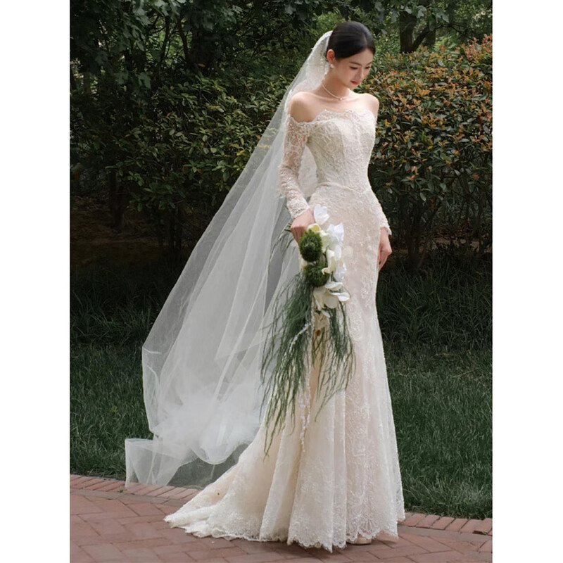 Rich collar, one shoulder, light wedding dress, French lace bridal feel, forest-style engagement dress, super fairy door veil, welcome dress, white XS