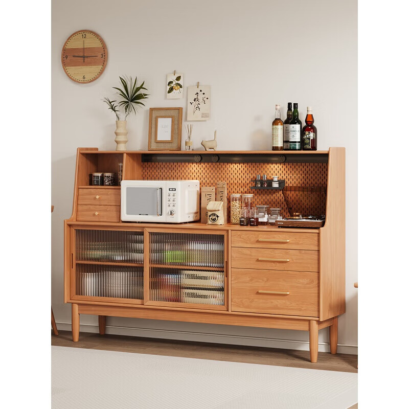 Ionaga Yu solid wood sideboard Japanese style tea and wine cabinet Nordic multifunctional living room cupboard storage cabinet perforated board wall cabinet cherry color perforated board double door x80x40x125cm