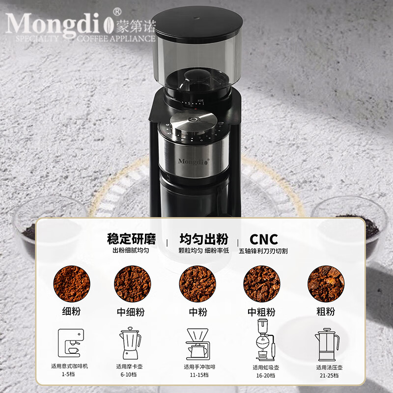 Mongdio electric bean grinder coffee bean grinder fully automatic coffee machine small household coffee grinder elegant black-25 gear grinding