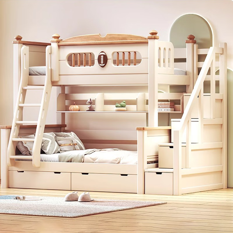 Lixubao Spot Sparkling Cherry Wood Children's Bed All Solid Wood Upper and Lower Bunks Double-layer Bunk Bed High and Low Bed Ladder Style + Double Drawer + Mattress*2 1600mmx2000mm
