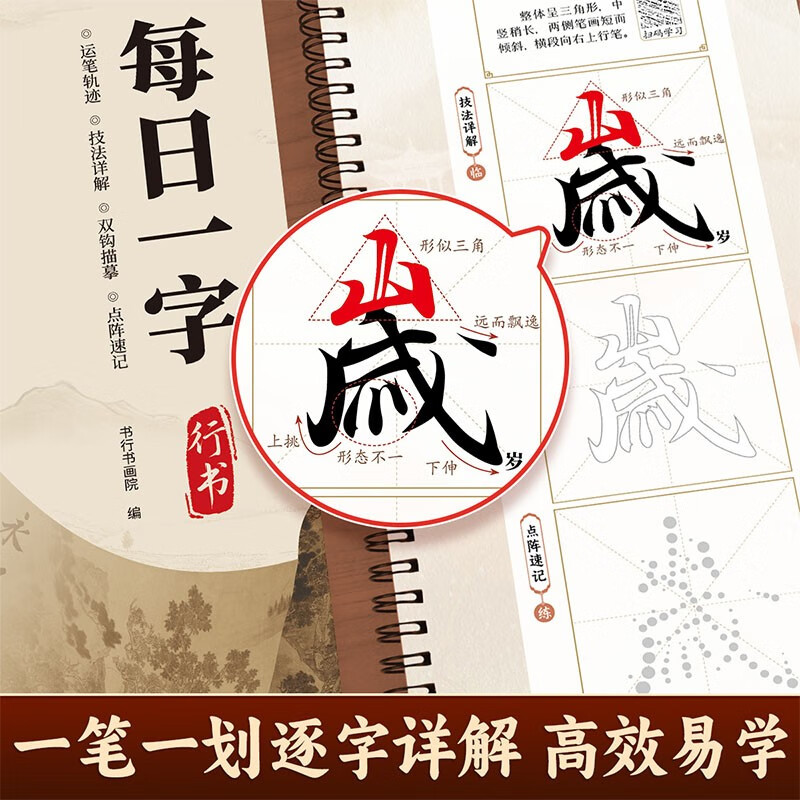 Daily one-word running script brush calligraphy introduction copying calligraphy card for adults, calligraphy hobby for primary and secondary school students, soft pen tracing video teaching guide copybook for beginners