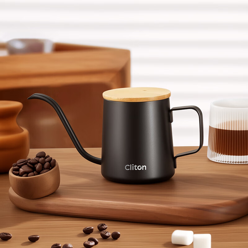 CLITON304 stainless steel hand brewed coffee pot travel office home hanging wooden handle ear coffee long mouth pot thin mouth pot with lid