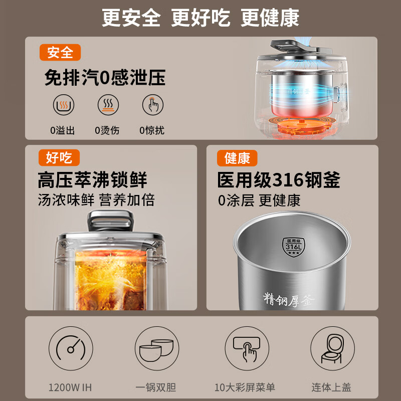 Joyoung national subsidy exhaust-free IH boiling stew electric pressure cooker 5L smart reservation 100kPa household rice cooker pressure cooker 4-6 people 0 coating 316 steel kettle Y-50IHZ3