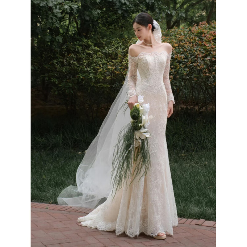 Rich collar, one shoulder, light wedding dress, French lace bridal feel, forest-style engagement dress, super fairy door veil, welcome dress, white XS