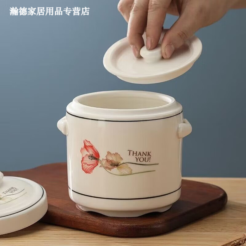 Jingle food-grade stew pot, old-fashioned family-sized steam soup pot, stew pot, ceramic double ears and double lid, household soup and ginseng cup, Jiahefu (600ml for 1 person)