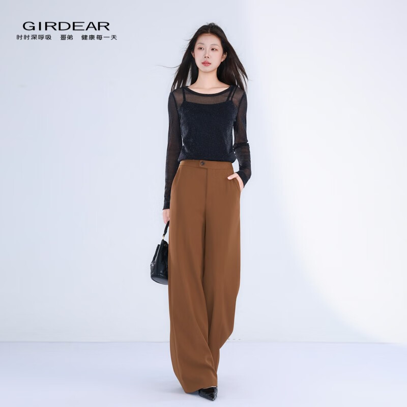 GIRDEAR Women's Bottoming Shirt Fashionable Retro All-match Round Tie Onion Mesh Fabric Top Slim T-shirt 1300958 Black M (3 yards)