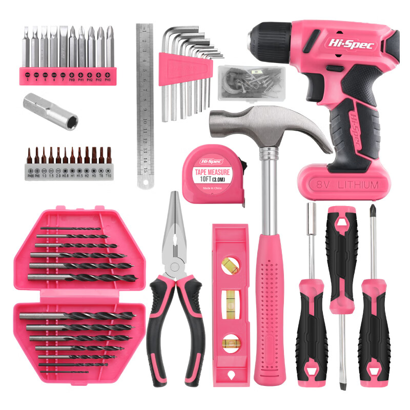 KSHKHispec household multifunctional electric drill set electric screwdriver hardware tool box set home repair combination pink 8V lithium electric drill tool box fairy hands-on model