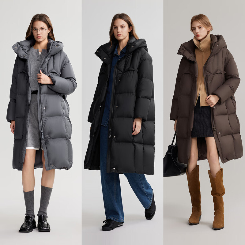 ELLE90 white duck down long hooded down jacket for women 2025 winter new year new year simple long thickened warm jacket medium gray M