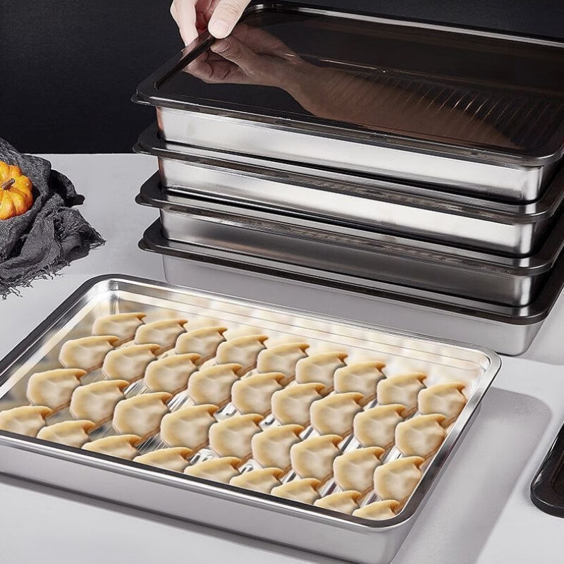 Enshousu 316 stainless steel dumpling box fresh-keeping plate square plate with lid multi-purpose picnic storage box 1 hour type + extra deep and thick only large + extra thick 4-piece set anti-stick 3200ML 2