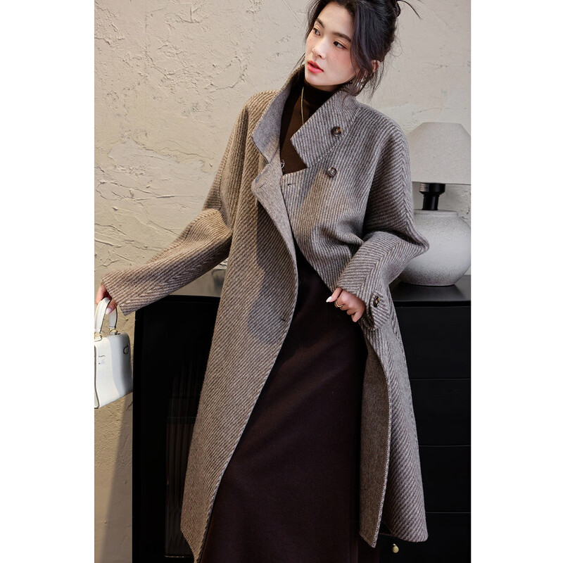 Demana Kochi Lady Winter Sheep Wool Diagonal Striped Double-sided Woolen Coat Stand Collar Long Women's Woolen Jacket