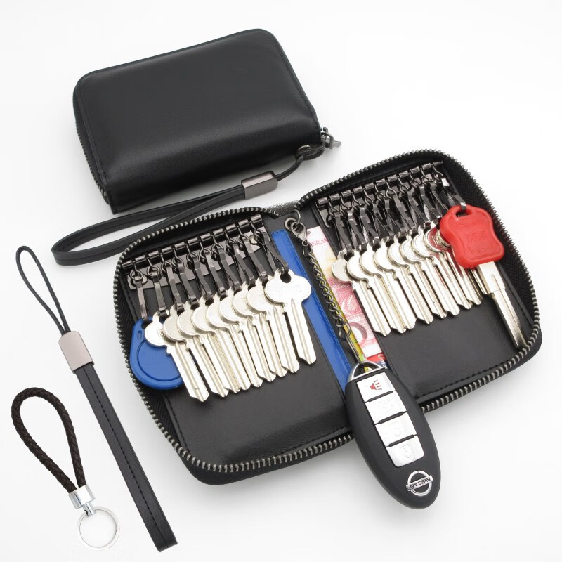 Double row 20-position buckle first-grain leather key bag key storage bag large capacity men's and women's large zipper real cowhide bag military green_hand strap double row 20-position buckle_first-grain cowhide