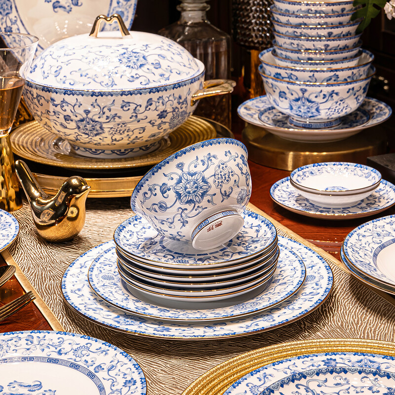 Hongxi Shengshi Jingdezhen enamel color tableware complete set of high-end blue and white porcelain dishes set bowls and plates for home gift housewarming enamel color blue and white ~ 80 pieces for 10 people