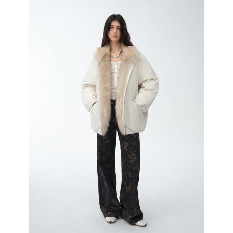 Fu Zhien's warm dialogue two-color fox fur collar detachable 90 goose down jacket mid-length down jacket military green