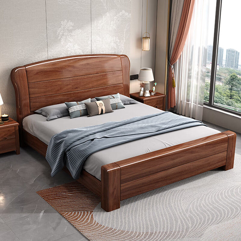 Nanyi Chinese solid wood bed walnut full mortise and tenon large bed 1.8m single double bed painted bed board modern bedroom wedding bed full painted bed board mortise and tenon bed 1.8*2.0m