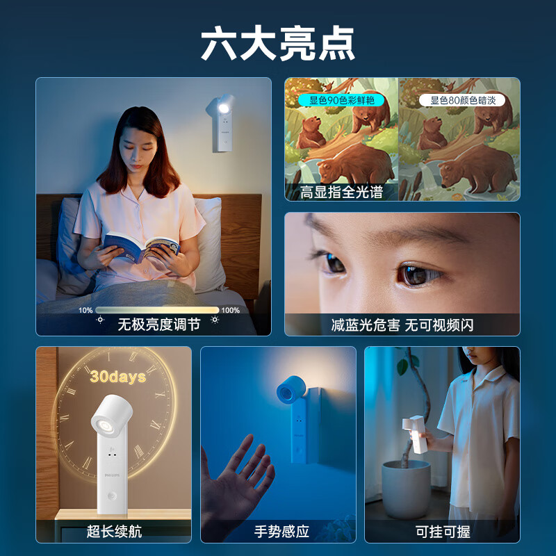 Philips (PHILIPS) full spectrum bedside lamp reading night light portable charging induction touch ultra-long battery life basic version 1200 mAh touch switch