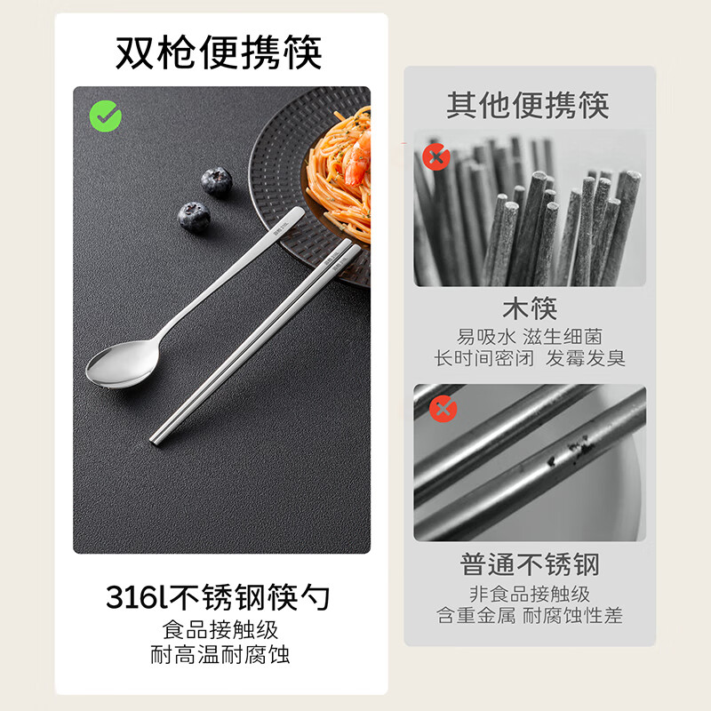 Double gun 316L stainless steel chopsticks and spoon set for one person portable box storage box tableware elementary school student set 3-piece set milk white chopsticks/spoon/box 316L stainless steel