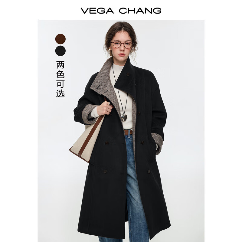 VEGA CHANG Black Brown Style Long Woolen Jacket Women's 2025 New Winter Contrast Color Retro Jacket Dark Night Black M