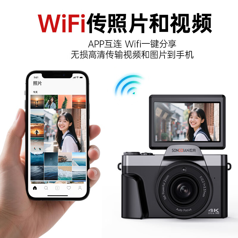 SONGDIAN digital camera 64 million pixels flip screen selfie vlog entry-level campus high-definition mirrorless camera photo travel DC103W white 128G memory