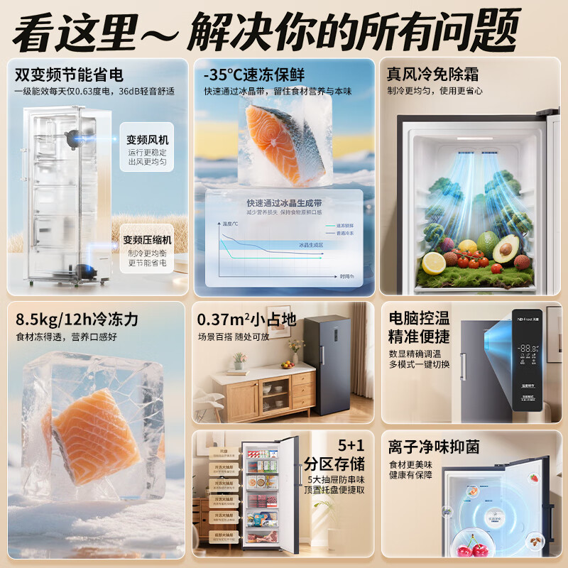 AUCMA 235-liter vertical freezer freezer variable frequency air-cooled frost-free first-class energy-efficiency refrigeration and freezing large-capacity ultra-low temperature quick-freezing small refrigerator BD-235WPHKSD trade-in