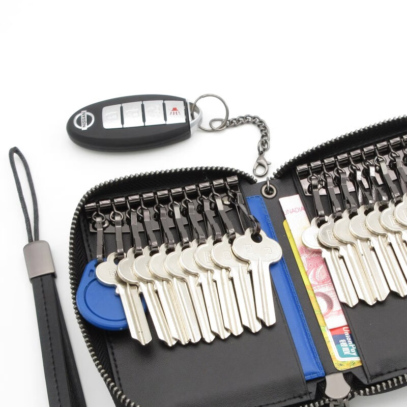 Double row 20-position buckle first-grain leather key bag key storage bag large capacity men's and women's large zipper real cowhide bag military green_hand strap double row 20-position buckle_first-grain cowhide