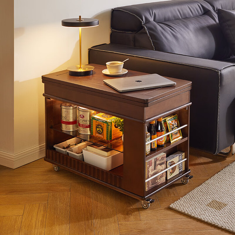 Ruifan solid wood movable coffee table living room sofa side table small apartment side cabinet folding dining table multi-function cart