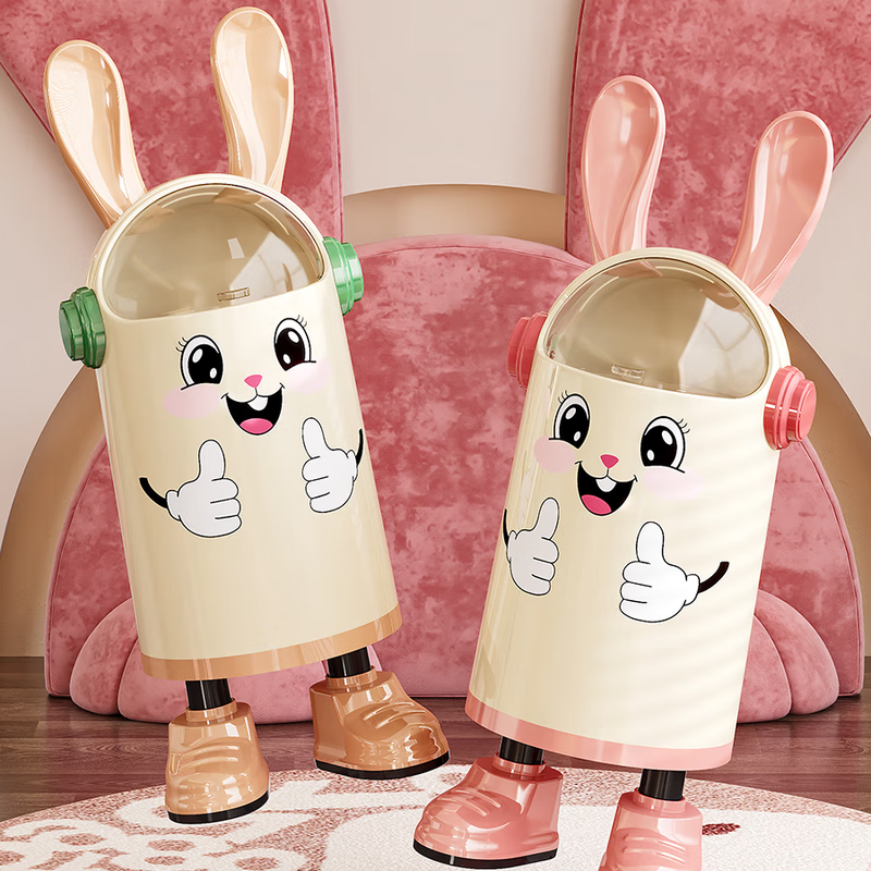 Rabbit trash can household cute high-looking trash can living room and bedroom storage large capacity with cover thickening simple pink smiley face - standing style