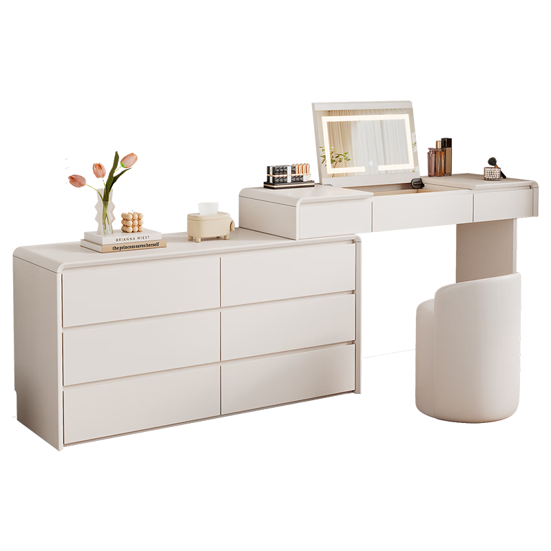 Shuchuan Cream Style Dressing Table Flip Drawer Cabinet Integrated Dressing Table Bedroom Retractable Bedside Storage Cabinet Solid Wood Dressing Table Cream White Flip Cover Dressing Table + Six Drawer Cabinet + Cat Claw Chair ENF Level Door-to-Door Package Installation