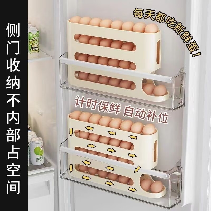 Ye Yu rolling egg storage box kitchen multi-layer oblique automatic egg rolling device refrigerator side door egg tray special crisper cream color edible grade material 1 piece MMA egg automatic filling side door storage + section