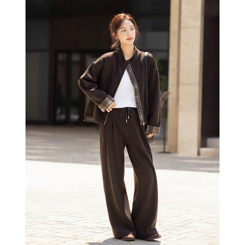 Demana style suit, winter temperament stand-up collar plaid splicing jacket, contrasting color elastic waist trousers, women's two-piece set