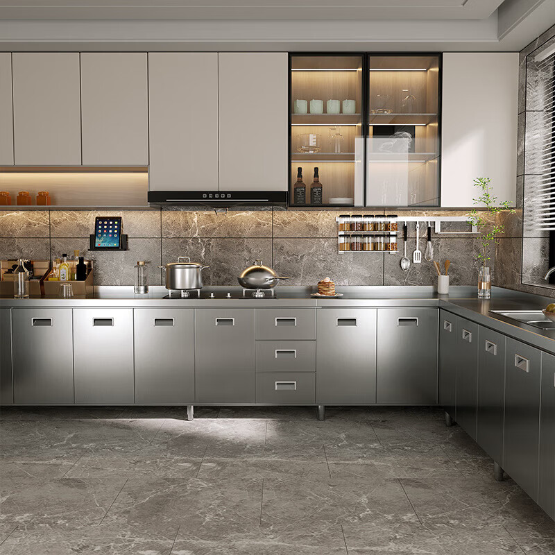 He Jiagong Ji Litian customized 304 all-stainless steel kitchen cabinets thickened integrated cabinets kitchen stove integrated cabinets upgraded thickened 1 meter flat style