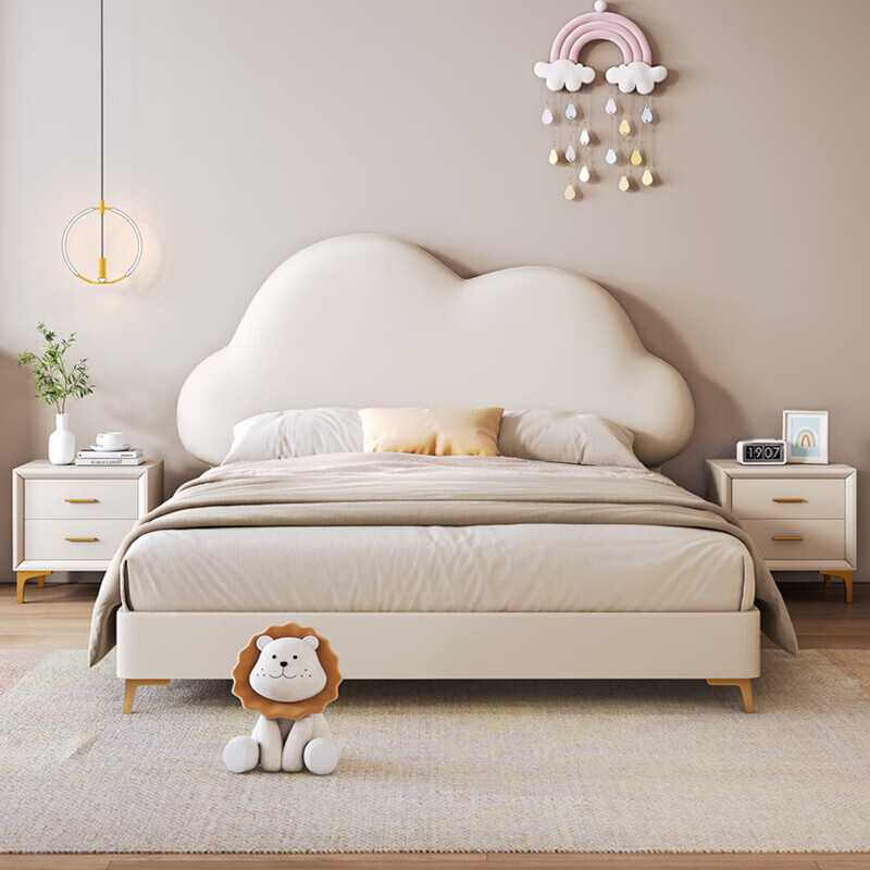 Cream Wind Cloud Children's Leather Bed Modern Simple Solid Wood Double Bed Boys and Girls Princess Bed Cartoon Storage Bed Quality/Children's Bed Color Note/Delivery to Home 1200mm*2000mm Frame Structure