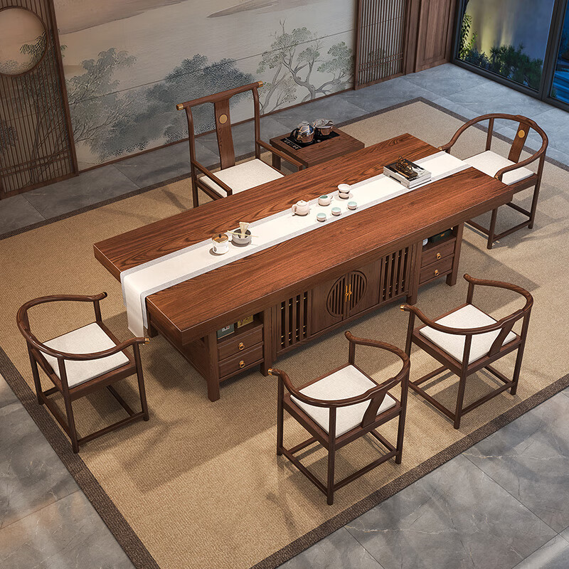 Guyue Longteng solid wood tea table and chair combination tea table with kettle integrated small balcony large tea table complete office set wet bubble table + 1 string chair + 4 crescent chairs + stone tea tray 1.6m daily income (double-layer drawer feet + Caiyuan Guangjin baffle)