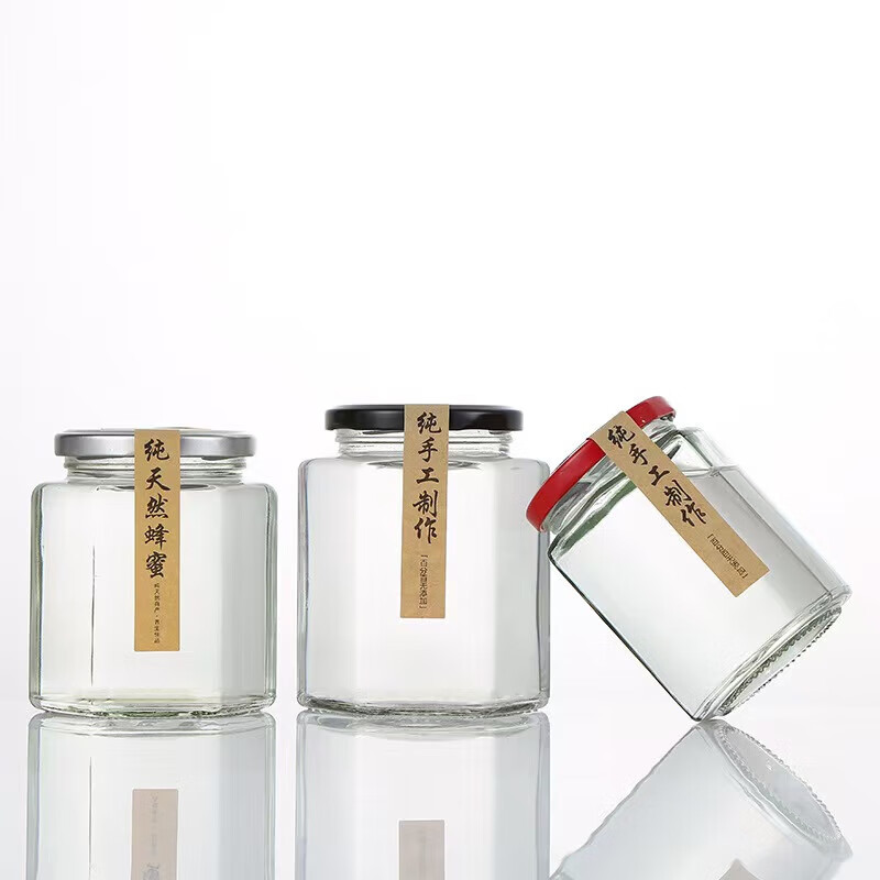 Food grade lemon paste glass bottle honey bottle with lid transparent chili sauce sealed jar empty bottle multiple specifications 500ML hexagonal (pack of 12)