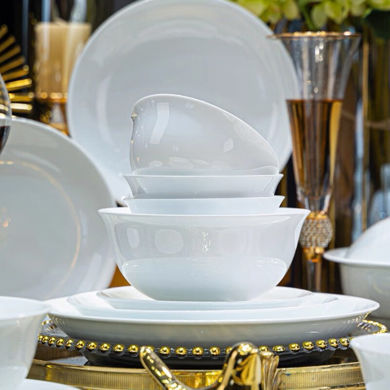 Jingqiu Jingdezhen high temperature white porcelain tableware complete set high white clay 1380 fired pure white dishes and dishes tableware set for home use high temperature white porcelain underglaze color Bailu 10 person set 70 pieces