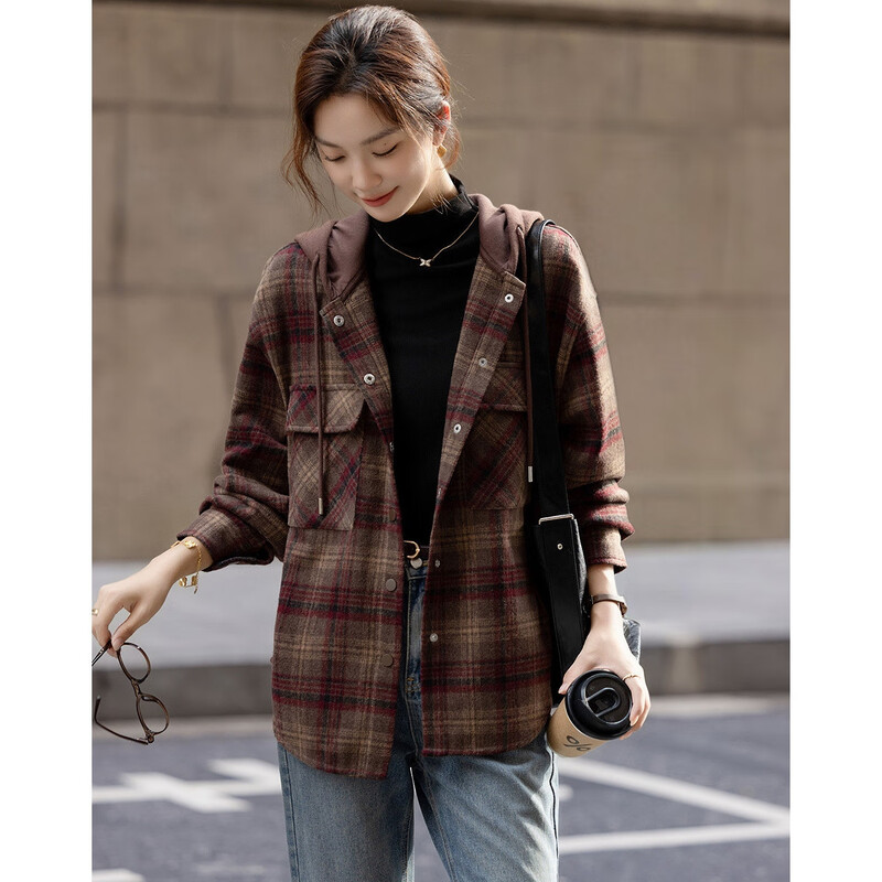 Demana sheep wool plus velvet warm winter retro millennium hooded plaid loose adjustable drawstring women's jacket