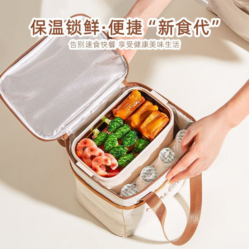 Yuhua Insulated Bag Thick Aluminum Foil Rectangular Large Capacity Lunch Box Bag for Students and Office Workers Carrying Lunch Lunch Bags Waterproof and Easy to Clean Medium Square Beige Insulation