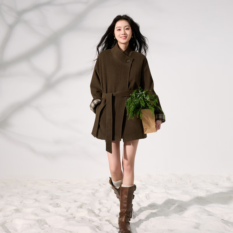 Sancai 2025 new winter woolen coat, retro mid-length cotton coat, loose stand-up collar, A-type warm quilted S