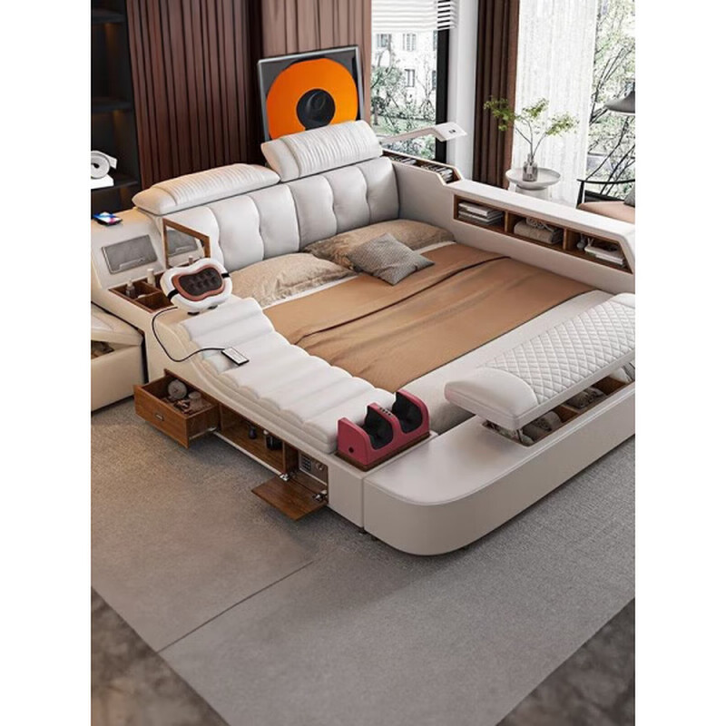 He Jiagong's 2025 new style leather bed, multi-functional massage, high-end tatami double bed, master bedroom, large bed, soft-covered wedding bed, Italian smart and practical single bed, 1800mm*2000mm frame structure