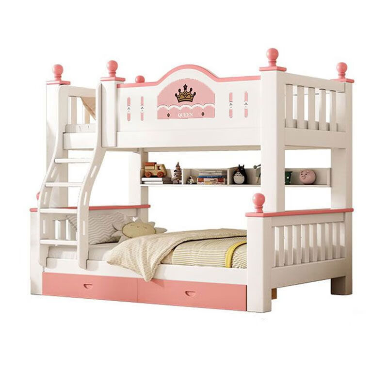 Luojiaer all solid wood bunk bed children's solid wood bed girl's two-story high and low bed double bunk bed Sakura ladder style comes with mattress + double drawers + bookshelf Top bunk width 130cm, bottom bunk width 150cm