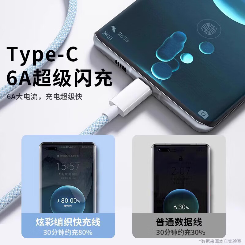 Three-in-one data cable super flash charging suitable for Apple Huawei Xiaomi Android fast charging cable one-to-three car multi-function three-head charging cable 6A universal typec charger fast charging set super flash charging head + 2 meters sky blue three-in-one flash charging cable