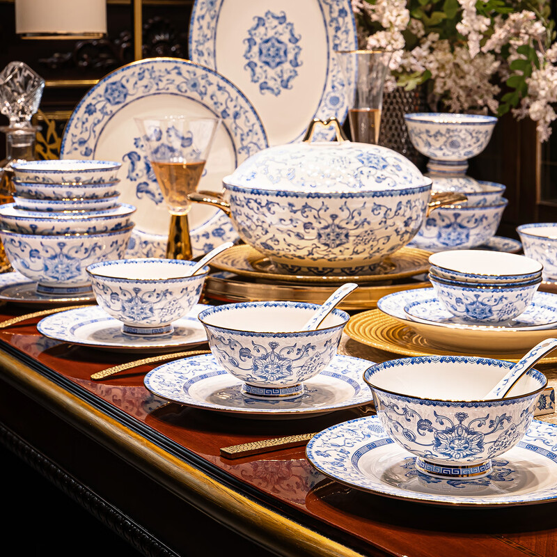 Hongxi Shengshi Jingdezhen enamel color tableware complete set of high-end blue and white porcelain dishes set bowls and plates for home gift housewarming enamel color blue and white ~ 80 pieces for 10 people