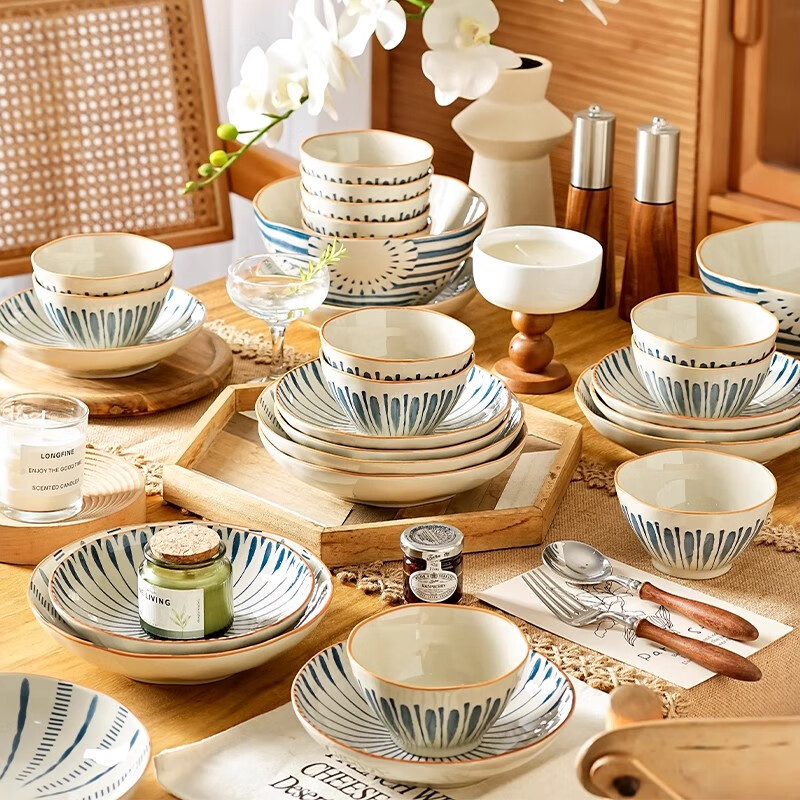 Persson Japanese ceramic tableware set bowls, plates, chopsticks, underglaze colored bowls, housewarming gift, Japanese food impression 24 pieces